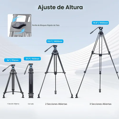 Vista 9 de SIRUI AM-25S Trípode de Video, 74.8" Trípode Profesional de Servicio Pesado con Cabezal Fluido de Amortiguación Ajustable para Videocámara, Cámaras