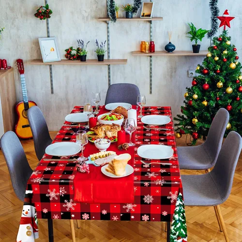 Vista 6 de 2 manteles de plástico desechables de Navidad con diseño de muñeco de nieve, mantel rectangular de Navidad con diseño de copo de nieve y búfalo