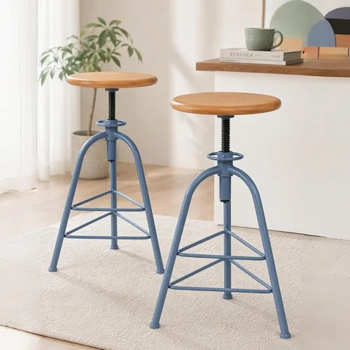 Vista 12 de Topower Taburete de bar de altura ajustable de metal de diseño industrial antiguo, silla de desayuno de comedor de cocina, taburete de madera