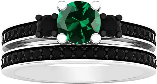 Vista 2 de Dazzlingrock Collection 5 MM Center Round Lab Created Gemstone with Natural Black Diamond Three Stone Engagement Ring Set for Women 925 Sterling