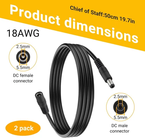Vista 2 de CENSHI Paquete de 2 cables de extensión de alimentación CC de 18 AWG de 0.217 in x 0.098 in, cable conector macho a hembra para cámara de seguridad