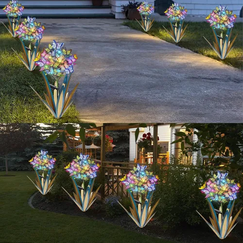 Vista 6 de Homight Escultura Solar de Metal Agave Mariposa Flor en Palo para Jardín - Regalo al Aire Libre, Luces de Navidad - Luces de Jardín de Mariposas