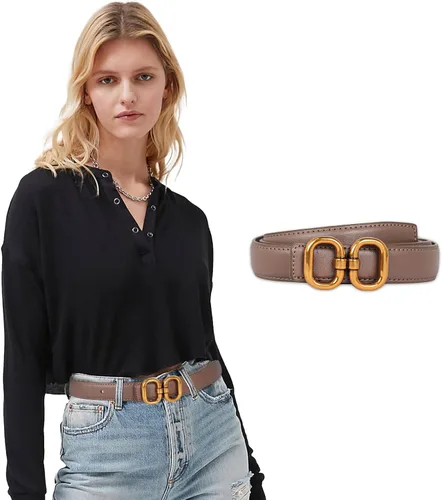 Vista 303 de Cinturón de cuero clásico con hebilla de metal para mujer con vestido de jeans
