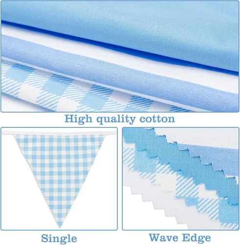 Vista 3 de GCQQ Banderines azules y blancos de 39 pies para decoración de fiesta, 42 banderines grandes a rayas, guirnalda de triángulo de algodón para baby