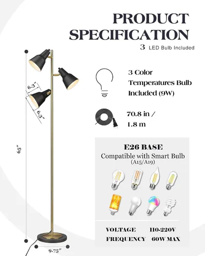 Vista 6 de ELYONA Lámpara de pie con árbol dorado con 3 luces giratorias ajustables, luces de pie industriales de poste alto de metal con 3 bombillas LED