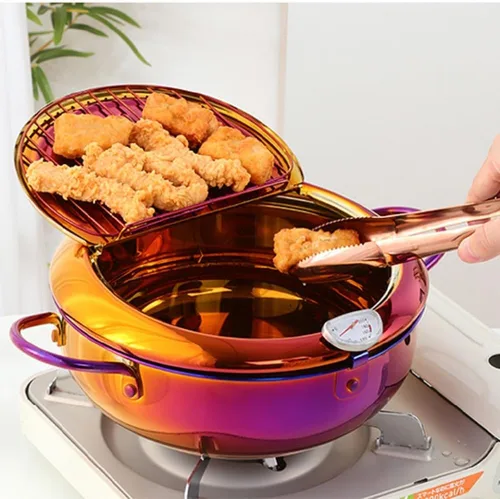 Vista 7 de Olla de acero inoxidable 304, olla tempura de 3.2L/2.8 cuartos de galón con tapa de termómetro y escurridor de aceite, olla japonesa para cocina