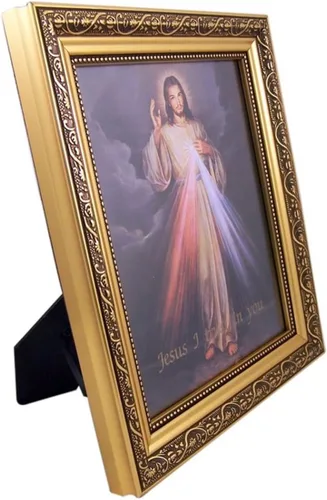 Vista 2 de Gerffert Impresión de la Divina Misericordia Jesucristo en marco de acabado dorado de 13 pulgadas
