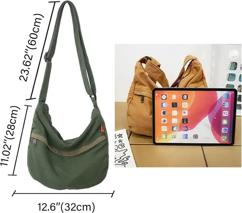 Vista 5 de KlaOYer Bolso bandolera de lona grande tipo hobo para la escuela, bolso bandolera con bolsillo para mujeres y hombres