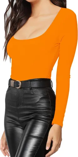 Vista 39 de MANGDIUP Body esencial para mujer, cuello redondo, manga larga, ajustado, elástico, de algodón y elastano