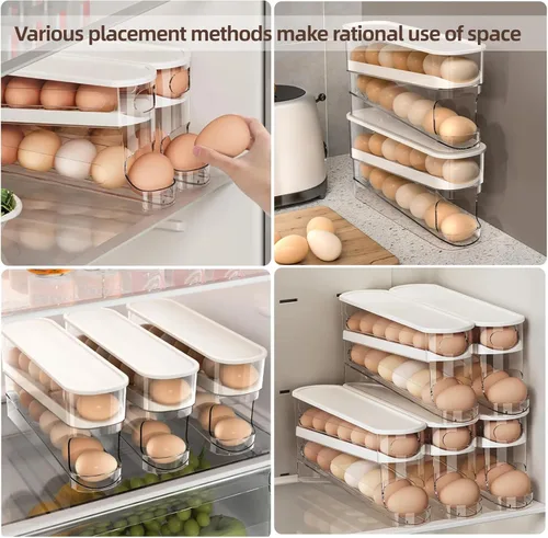 Vista 8 de Dispensador automático de huevos para refrigerador, organizador de huevos para refrigerador que ahorra espacio y almacenamiento con tapa, bandeja