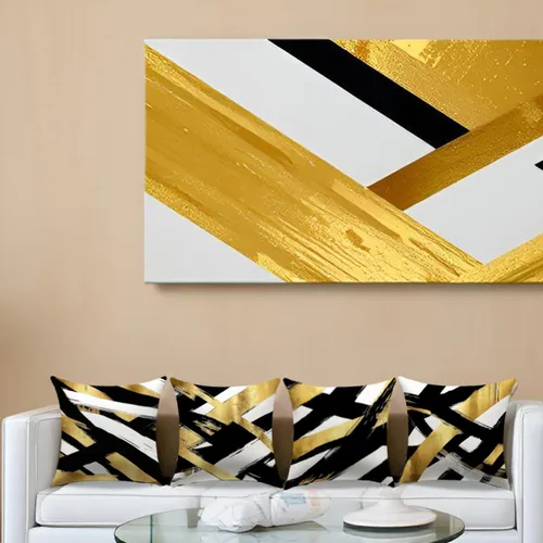 Vista 7 de Juego de 4 fundas de almohada negras y doradas, fundas de almohada de 18 x 18 pulgadas, almohadas geométricas abstractas a rayas para decoración