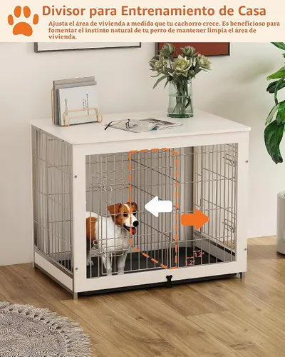 Vista 4 de Piskyet Muebles de madera para perros con panel divisor, mesa auxiliar de jaula para perros con bandeja deslizante fijable, puertas dobles