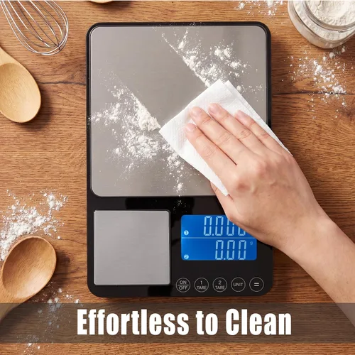 Vista 5 de Báscula de cocina de doble plataforma, báscula digital de alimentos con pantalla doble, dos básculas en una para pesada y precisa, 33 lb/0.01