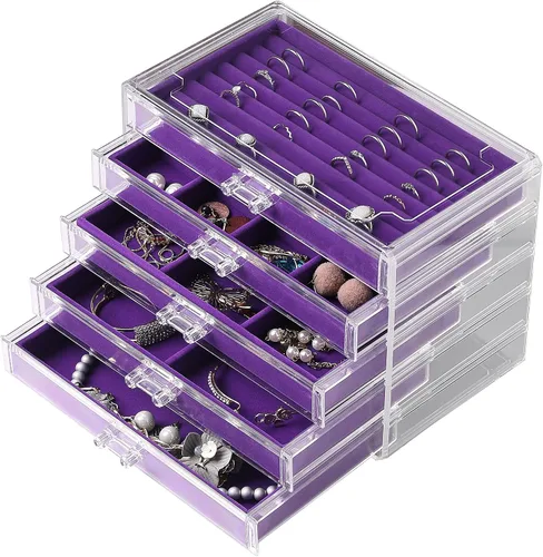 Vista 12 de Frebeauty Caja de joyas extra grande de acrílico para mujeres y niñas, organizador de aretes de terciopelo transparente de 5 capas con 5 cajones