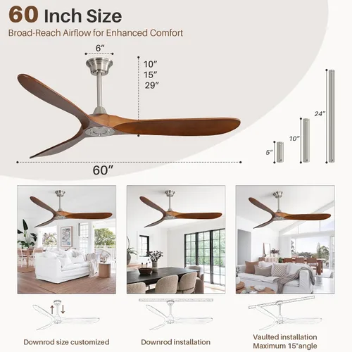 Vista 2 de CACI Mall Ventilador de techo de 60 pulgadas sin luz, ventiladores de techo para exteriores para patios sin luces, control remoto, madera maciza