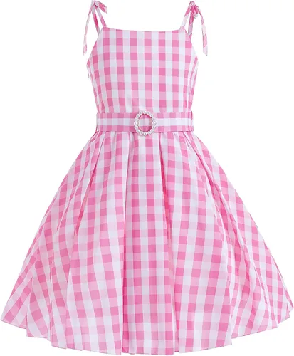 Vista 2 de SHELOVESIT Pink Costume for Girls, Doll Movie Cosplay Outfit, Pink Birthday Dress for Kids Party Dress Up