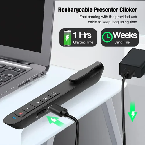 Vista 4 de Clicker de Presentación Puntero Láser Verde, Presentador Inalámbrico Puntero de PowerPoint Recargable, Puntero de Presentación RF 2.4GHz USB