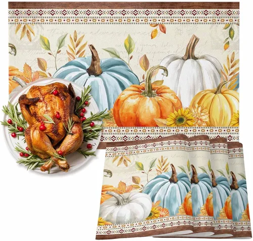 Vista 12 de Juego de 4 manteles individuales de otoño con diseño de calabaza azul, hojas florales, manteles individuales de otoño, lavables, cosecha, Acción