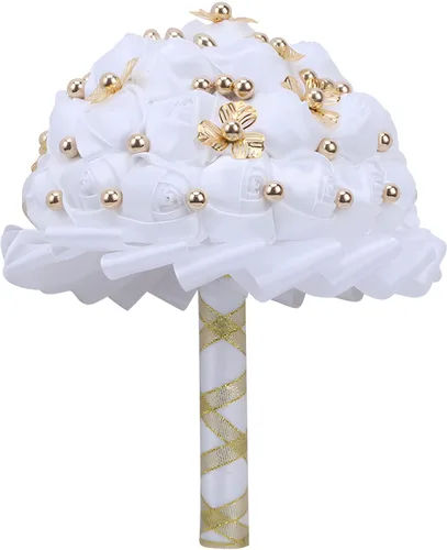 Vista 14 de Ramo de boda de 7 pulgadas, ramo de flores de satén para dama de honor, botón dorado, ramo de flores artificiales para bodas en interiores Negro