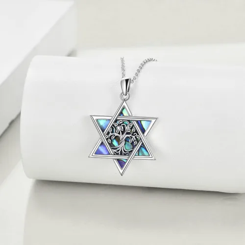 Vista 45 de YFN Collar de estrella de David de plata de ley, concha de abulón, árbol de la vida, joyería judía, regalos para mujeres y hombres
