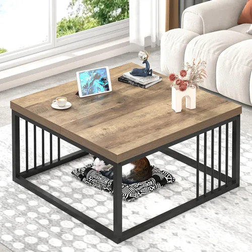 Vista 13 de FOLUBAN Mesa de café, moderna mesa de sala de estar de madera y metal, mesa de té rectangular industrial, marrón rústico, 43.3 pulgadas