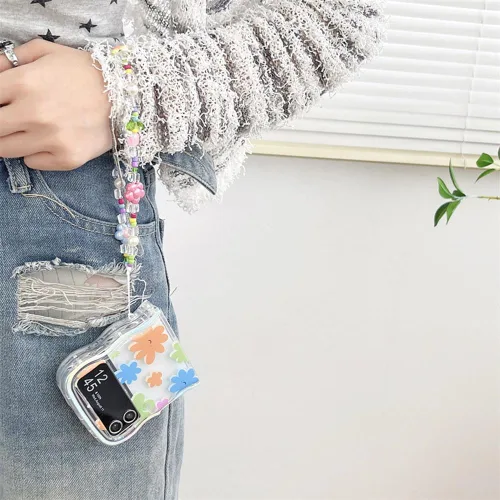 Vista 6 de Funda femenina para Samsung Galaxy Z Flip 4 con estampado de flores rosas y correa de cuentas, diseño de flores y marco rizado Kawaii para Z Flip 4