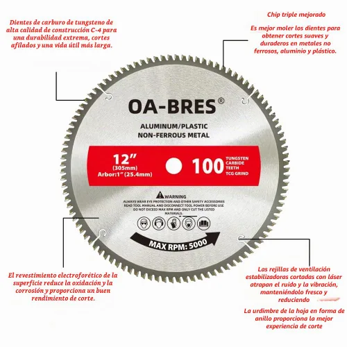 Vista 2 de Hoja de sierra TCG mejorada de 12 pulgadas 100T para aluminio y metales no ferrosos con eje de 1 pulgada