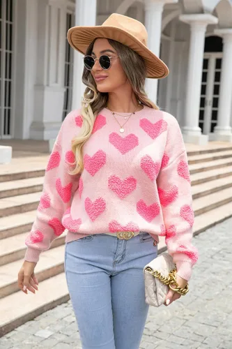 Vista 4 de KMBANGI Sudadera romántica con estampado de corazón para mujer, suéter de gran tamaño para el día de San Valentín, manga larga, con gráfico de amor