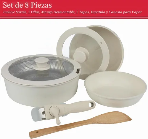 Vista 3 de Home-Complete - Juego de utensilios de cocina de cerámica antiadherente de inducción de 8 piezas con mango desmontable, tapas, espátula y sartén