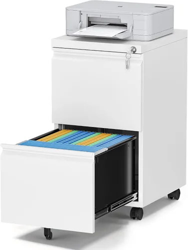 Vista 19 de Archivador de metal con 2 cajones con cerradura, gabinete archivador con soporte para impresora móvil y estantes para archivos de tamaño Negro