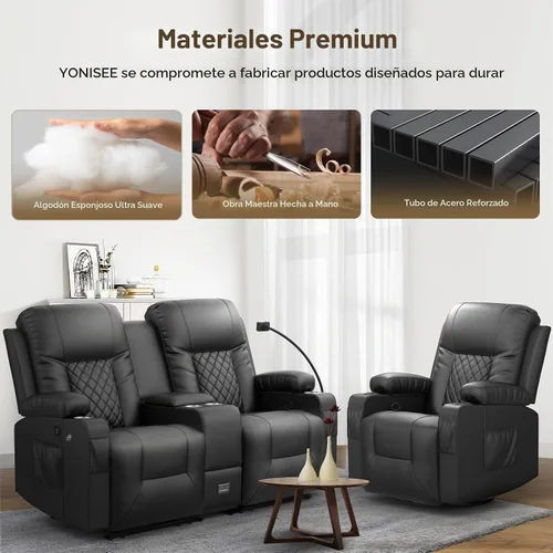 Vista 8 de YONISEE Juego de muebles de sala de estar, sofá biplaza reclinable de 2 plazas y silla reclinable giratoria de 360° con masaje, sofá reclinable