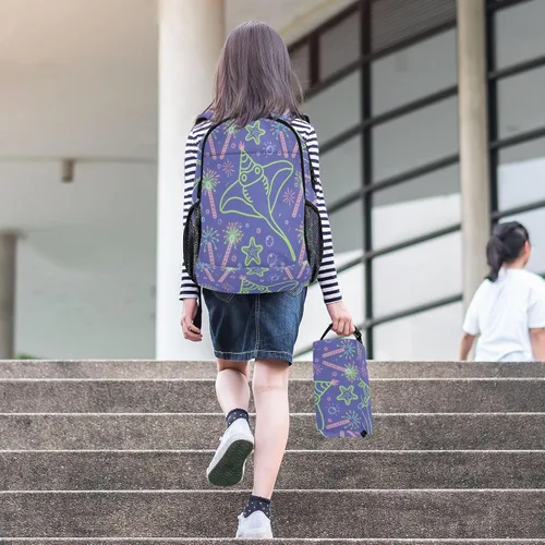 Vista 6 de Animal infantil Manta Ray Fuegos Artificiales Púrpura Mochila Para Niño Mochila Con Caja De Almuerzo Niños 10-12 mochilas y loncheras escolares