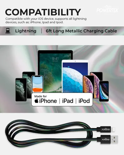 Vista 5 de LIQUIPEL Powertek - Cable de carga para iPhone, adaptador de cable Lightning a USB de carga rápida de 6 pies, compatible con iPad, certificado MFI