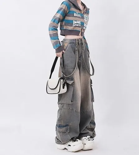 Vista 2 de Pantalones cargo Y2K holgados de tiro bajo para mujer, pantalones holgados de moda Y2K, pantalones holgados casuales Cyber Y2k, ropa urbana