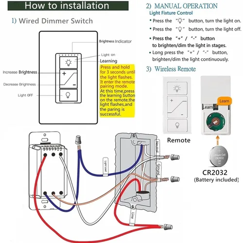 Vista 4 de Nexete Interruptor inteligente de atenuación de pared, atenuador de un solo polo con un control remoto inalámbrico, atenuador inalámbrico de 3 vías