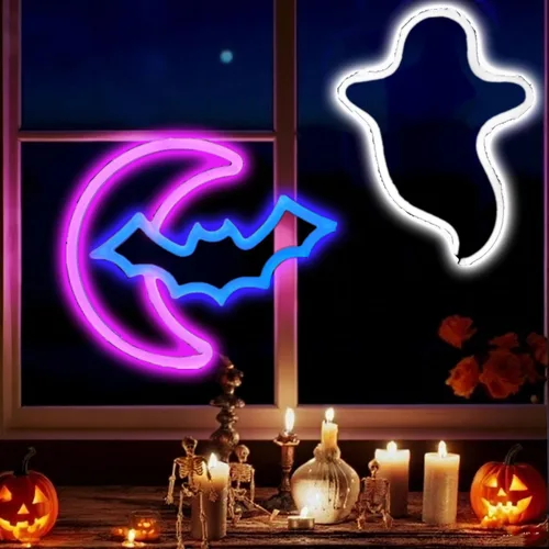Vista 16 de Letreros de neón de murciélago para dormitorio, mesita de noche, decoración de pared, decoración de Halloween, luces LED de noche, adornos de mesa