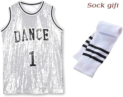 Vista 2 de LOLANTA Ropa de baile Hip Hop para niñas, vestido de lentejuelas para niños, camiseta larga sin mangas, camiseta de animadora de jazz