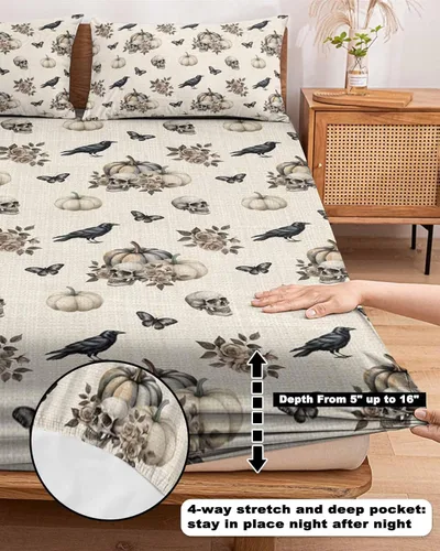 Vista 5 de Sábanas bajeras de bolsillo profundo de hasta 16 pulgadas, funda de colchón suave de Halloween con 1 funda de almohada decorativa para dormitorio