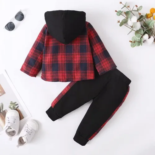 Vista 3 de Ropa para bebés pequeños, trajes de otoño e invierno, conjuntos de franela de celosía con botones de manga larga con capucha y pantalones