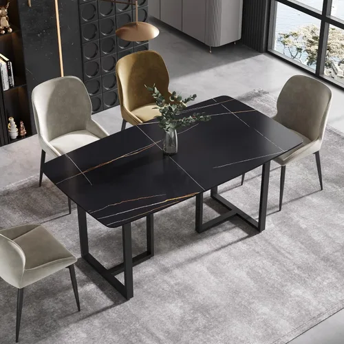 Vista 7 de Mesa de comedor moderna, mesa de comedor de piedra sinterizada blanca antigua con patas de mesa de acero al carbono negro, mesa de comedor Blanco