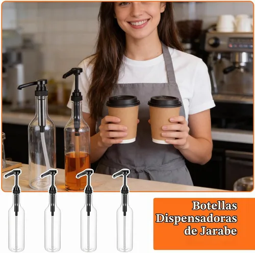 Vista 6 de 4 botellas de jarabe con bomba, botellas transparentes de cuello largo de 25 onzas / 25.4 fl oz, dispensador de bomba de jarabe de plástico
