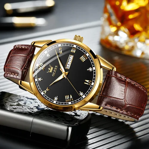 Vista 5 de OLEVS Tienda Watches, reloj de cuero marrón para hombre, reloj de fecha para hombre, reloj luminoso para hombre, reloj de vestir para hombre, reloj
