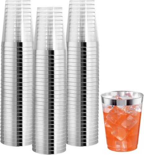 Vista 20 de I00000 100 vasos de plástico dorados, vasos de plástico transparente de 10 onzas con borde dorado, tazas de cerveza, taza dura desechable