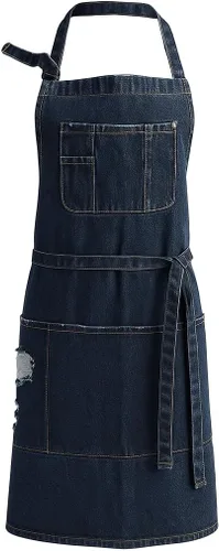 Vista 5 de Denim Apron With 5 Pockets for Kitchens,Hairstylist Aprons for Women Men,Adjustable Bib Jean Apron for Arts Cafe Work