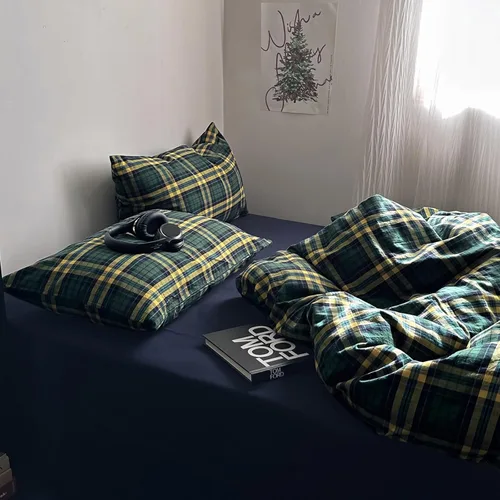 Vista 6 de MKXI Juego de funda de edredón a cuadros de tamaño individual, color verde bosque y amarillo mostaza, ropa de cama de 3 piezas de algodón lavado