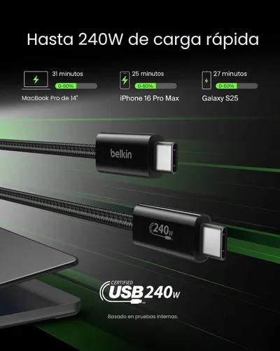 Vista 2 de Belkin Cable USB C a USB C, 3.3 pies, 240 W - Cargador tipo C, cable de carga para iPhone, suave, trenzado, flexible para iPhone 17, Galaxy S25