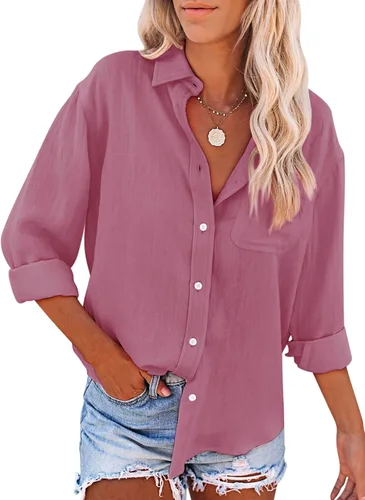 Vista 2 de siliteelon Camisas con botones para mujer, camisas de vestir de algodón, blusas de manga larga, blusas sólidas casuales con cuello con bolsillos