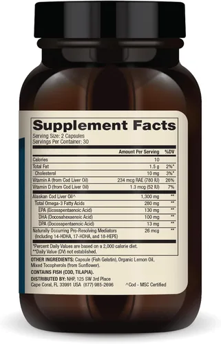 Vista 2 de Dr. Mercola Aceite de hígado de bacalao, 1,300 mg por porción, 30 porciones (60 cápsulas), suplemento dietético, apoya la salud cerebral, ósea