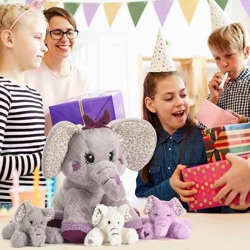 Vista 8 de Elefante mamá de peluche de animal de peluche mamá y bebé, lindo juego familiar pequeño de 13 pulgadas con mini bebés, regalos para niños