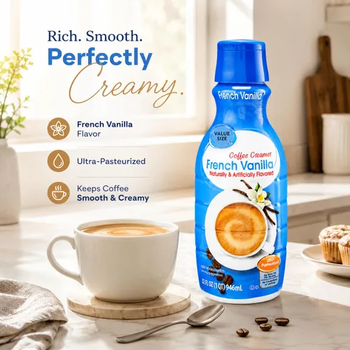 Vista 4 de Crema de café de vainilla francesa, botella de 32 onzas líquidas, crema líquida dulce y cremosa para café con cuchara de gemas de café D.A.